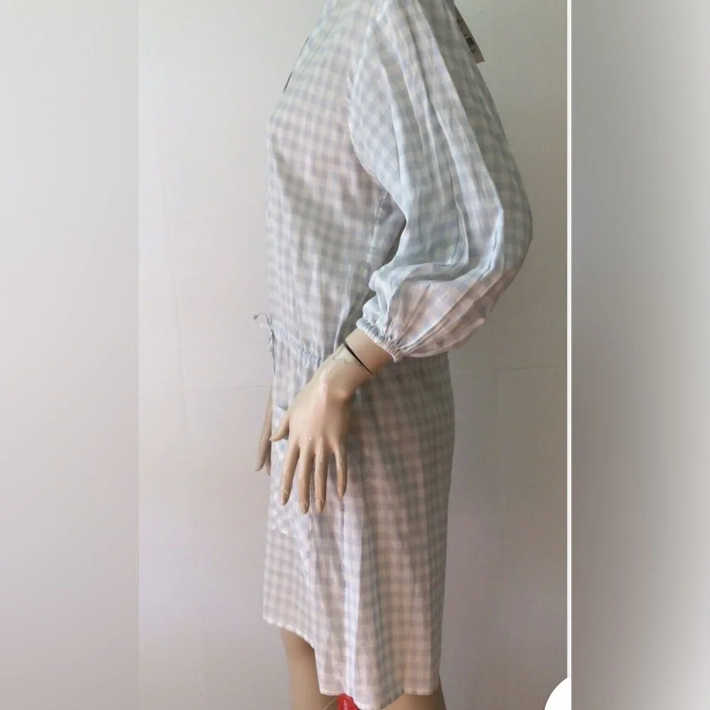 Tory Burch Light Blue & White Gingham Long Sleeve Drawstring Dress